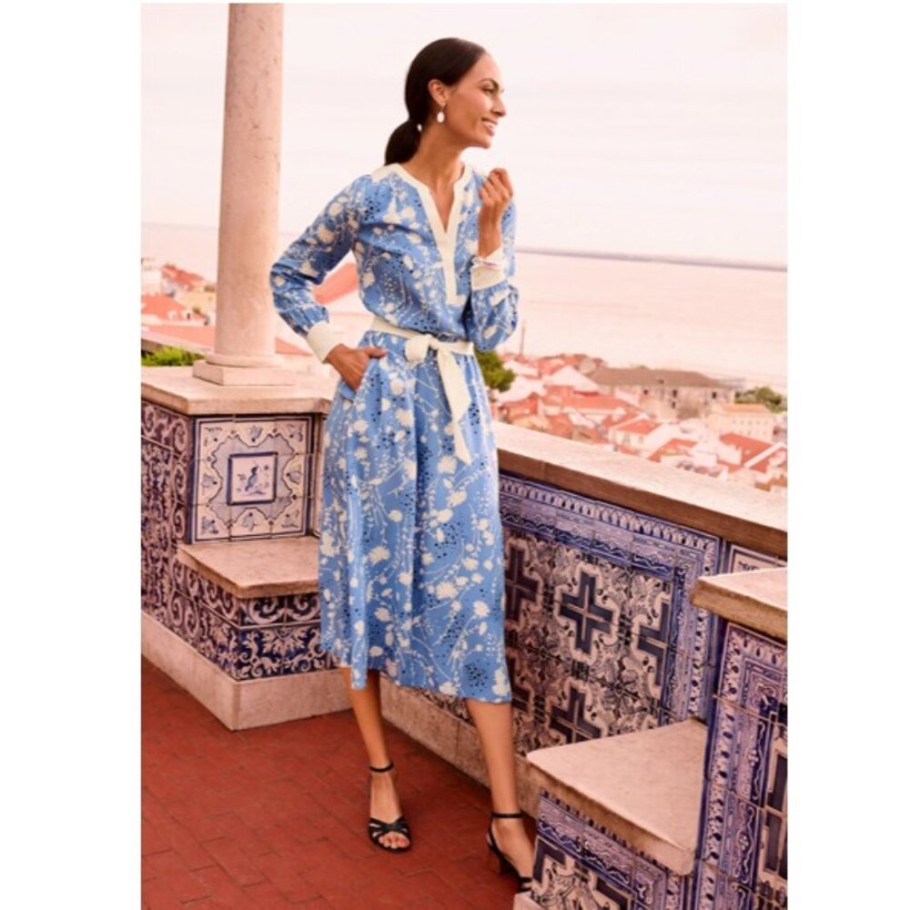Capri Blue & White Dancing Flowers Belted Fit & Flare Shirtdress - NEW - Picture 3 of 12